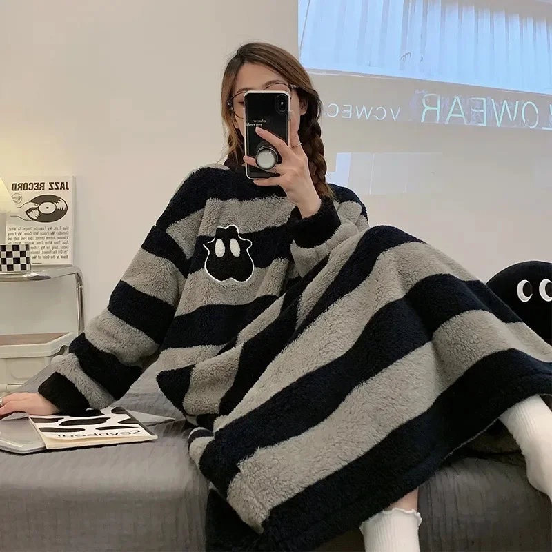 Women Flannel Dress Autumn Winter Thicken Warm Nightgowns Coral Fleece Sleepwear Casual Loose Homewear Female Cartoon Pajamas
