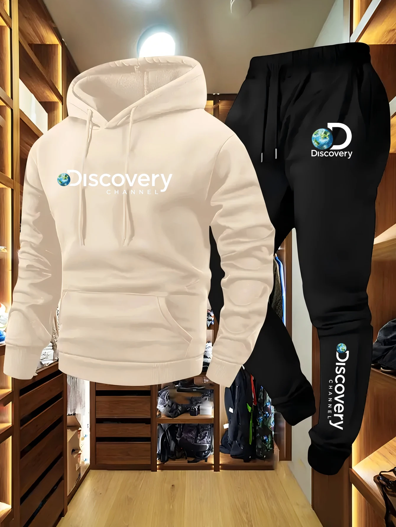 ديسكفري 2025 الرجال شتاء جديد عادية كنزة بغطاء رأس من الصوف + Sweatpants مريحة ودافئة فضفاضة قطعتين دعوى للرجال والنساء لطيف