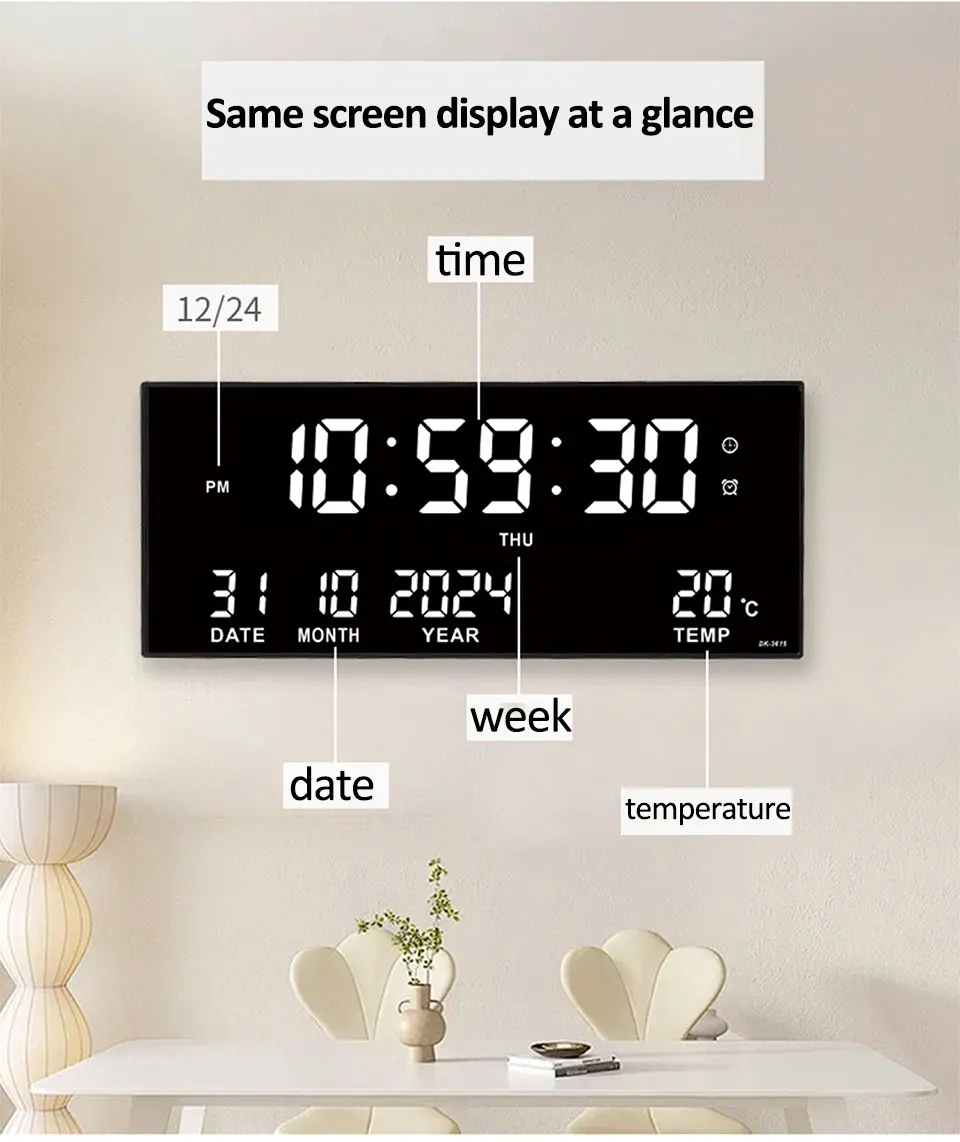 Digitale große Wanduhr, Alarm, Temperatur, Datum, Kalender, Anzeige, 8 Sätze Wecker, 35,6 cm, elektronische LED-Uhr, einsteckbar – Detail 2