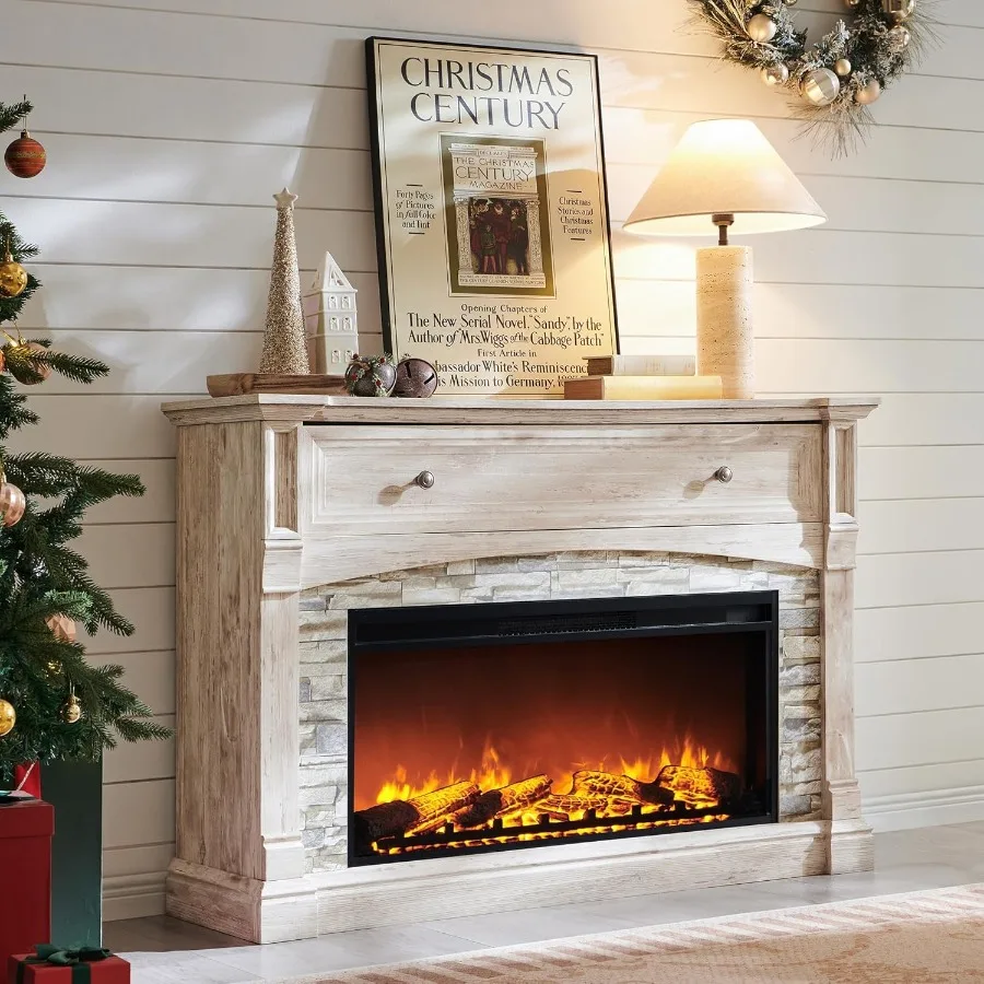 

52 Farmhouse Electric Fireplace with Mantel Tall Fireplace TV Stand w/ Simulated Open Cubby 36 Freestanding Electric Fireplace