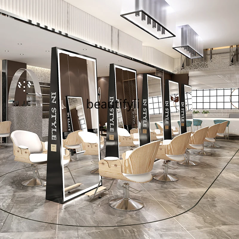 Nordic Barber Shop Dressing Table Stainless Steel Floor Mirror Full-Length Mirror Hairdressing Mirror for Hair Salon