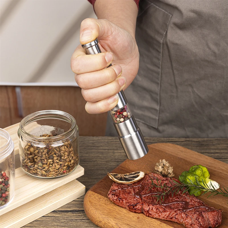 Salt Pepper Grinder Stainless Steel Thumb Push Spice Mill Adjustable Sea Salt Push Button Grinder Seasoning Bottle Kitchen Tools