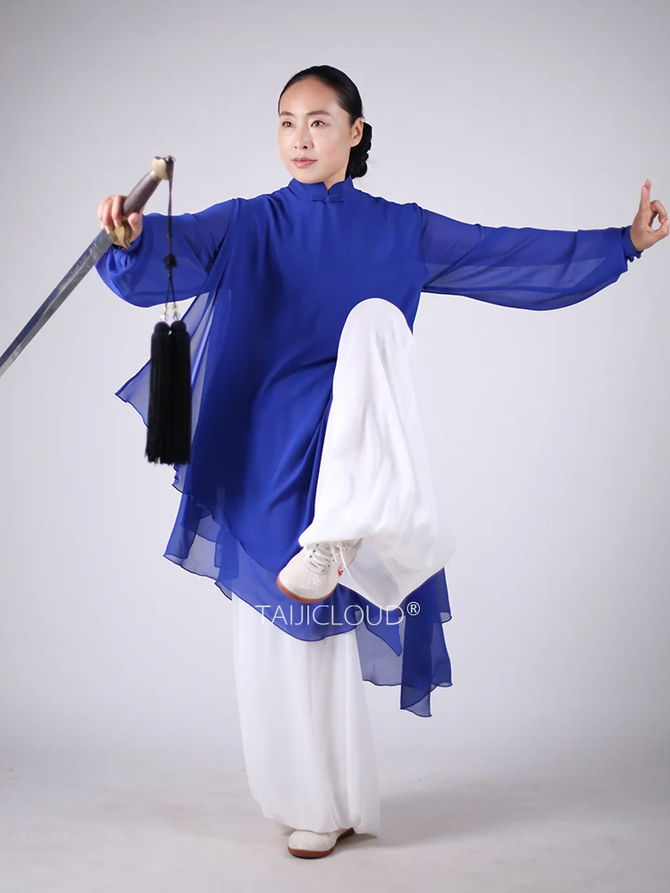 بدلة تاي تشي الصيفية للسيدات - زي كونغ فو من الشاش بطبقة مزدوجة للتمرين والأداء والمتدفق والأنيق