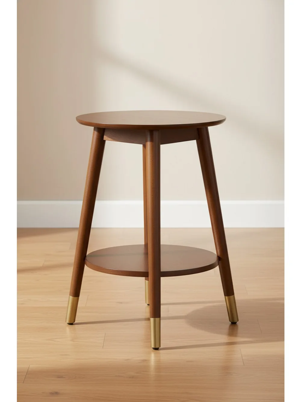 

Mid Century Round End Table with Bottom Shelf, Espresso Finish, 18x18x24 Inch, Modern Living Room Furniture