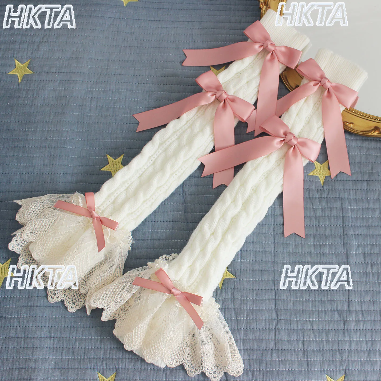 Dulce 2025 Otoño Invierno nuevo cálido tejido calentador de brazo largo Lolita manga de mano lazo de encaje blanco Oversleeve accesorios de ropa mujeres