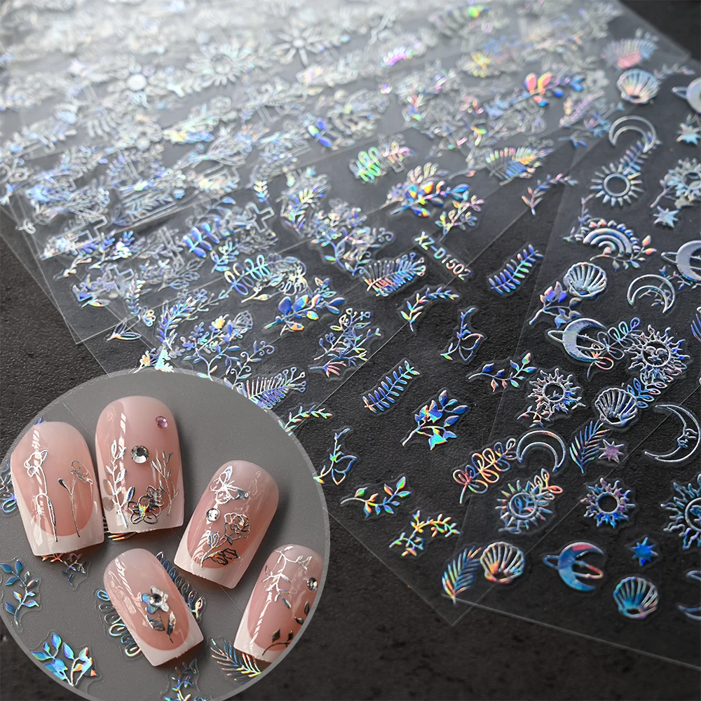 12pcs/set Laser Gold/Silver Plant Nail Art Sticker Leaves/lines/hearts 3D Nail Decal Sliders White Star Moon Manicure Decoration