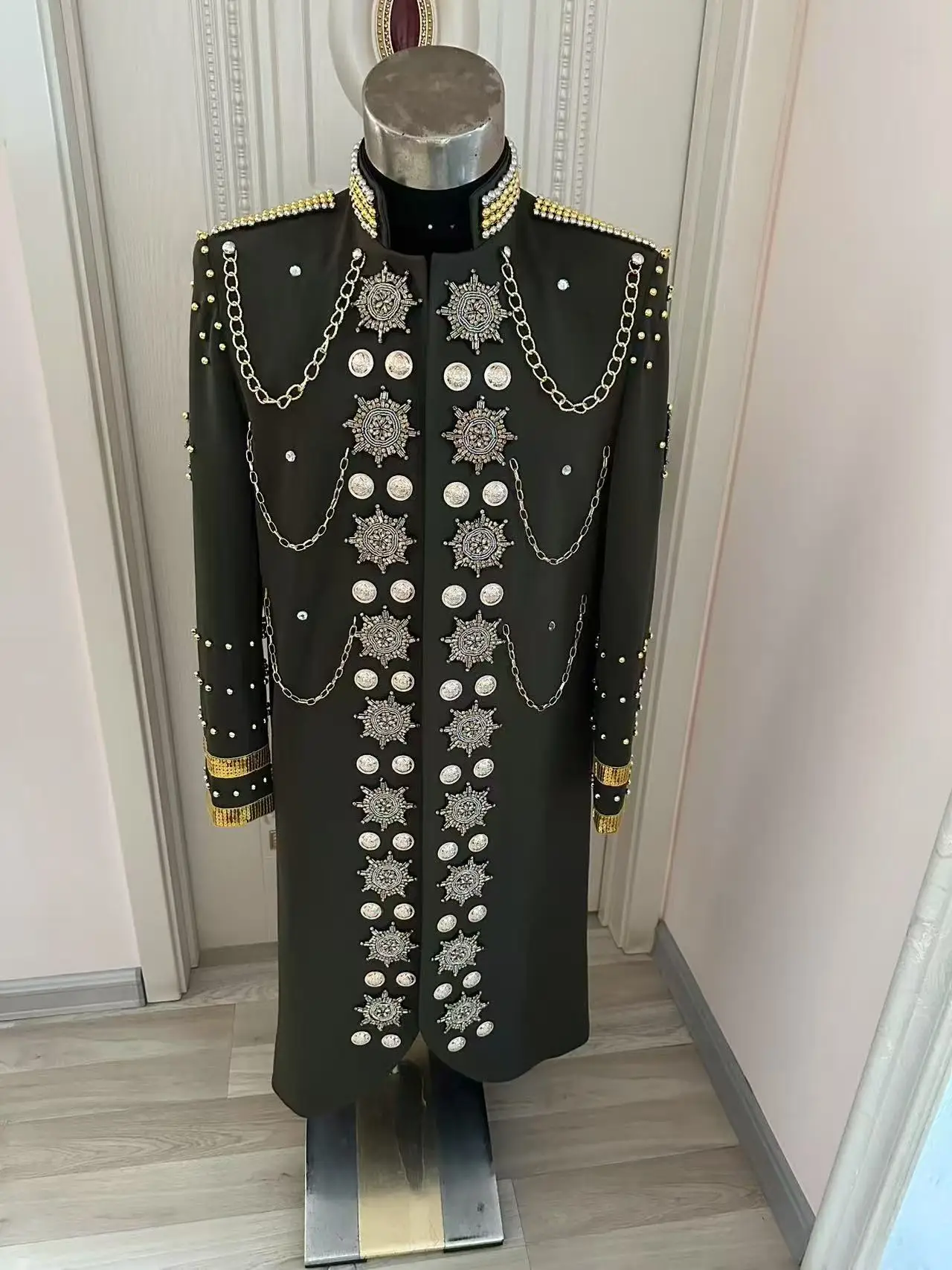 New Handmade Army Green Man Middle Long Royal Jacket Stage Show DJ Singer DS Performance Costumes Party Club Dance Wear