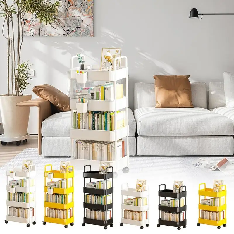 

Shelf Floor Multi-Tier Book Organizer Mobile Bookshelf with Wheels Trolley Toys Snacks Storage Rack 3/4 Tier Movable Storage