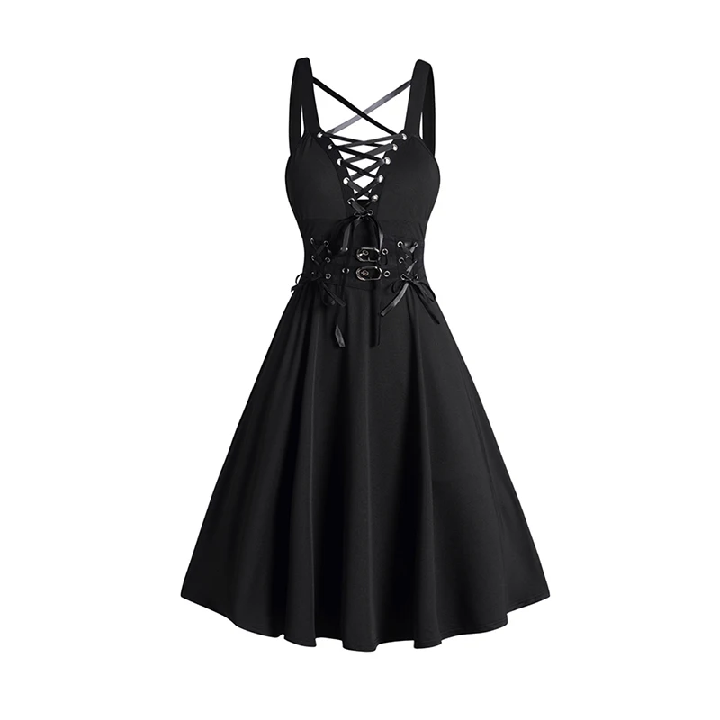 

Womens Gothic Dress Lace Up Buckle Strap Crisscross Plunging Neck High Waisted A Line Mini Dress 2024 New Black Dresses