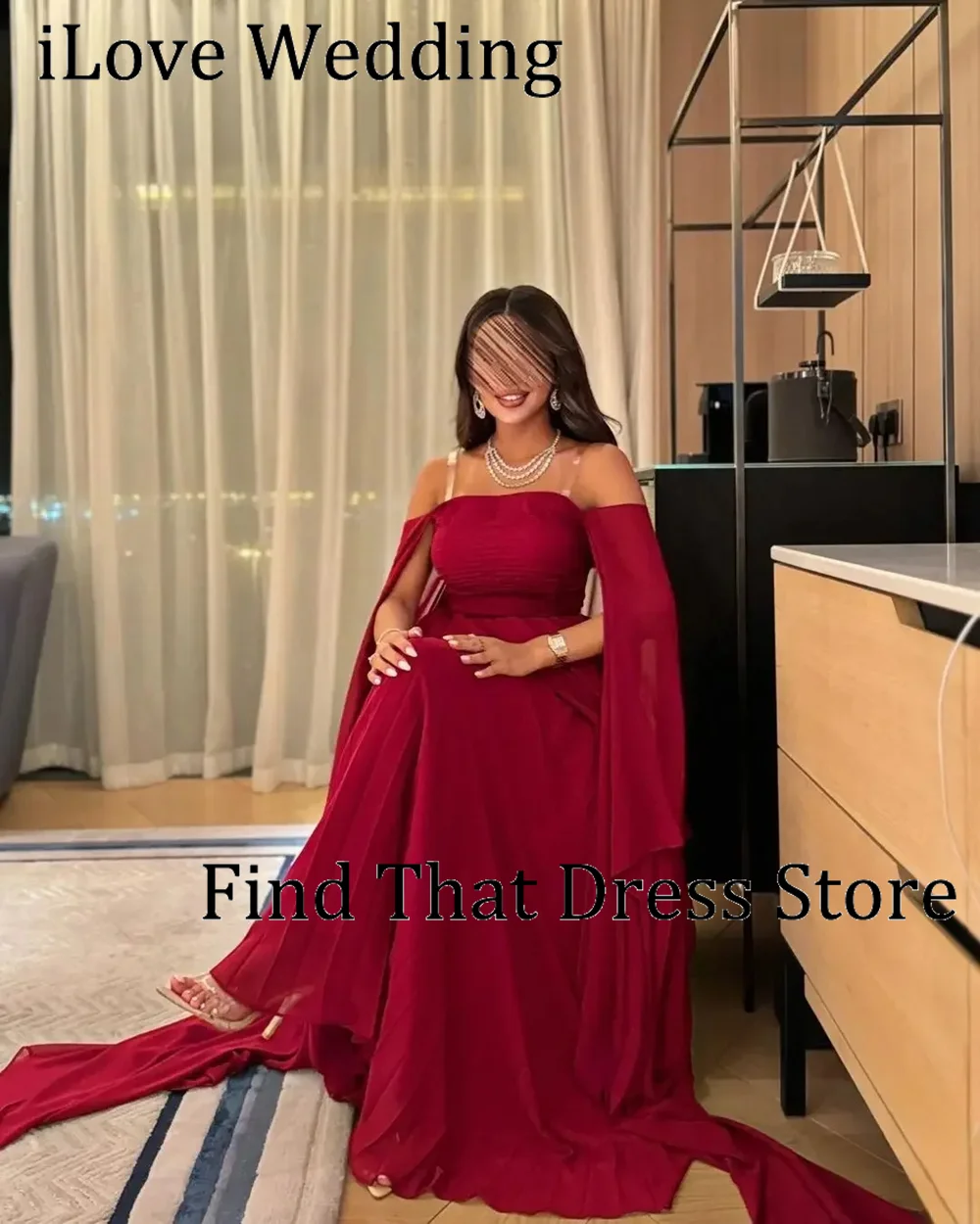 Sukienka wieczorowa szyta na miarę, prosta, czerwona, z dekoltem w łódkę, szyfonowa, plisowana, długa do podłogi, o kroju litery A, z odkrytymi plecami, w stylu saudyjskim, na studniówkę, z peleryną.