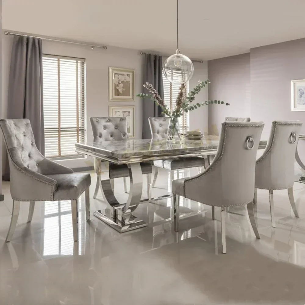 Modern Living Room Furniture, Stainless Steel Dining Tables and Chairs Set, Marble Top Dining Table, Dining Table Set for Home