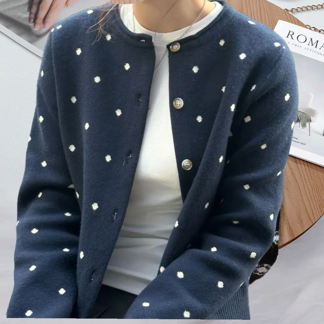 

2025 Autumn New Outfit Retro Polka Dot Knit Sweater Cardigan Sweater Jacket