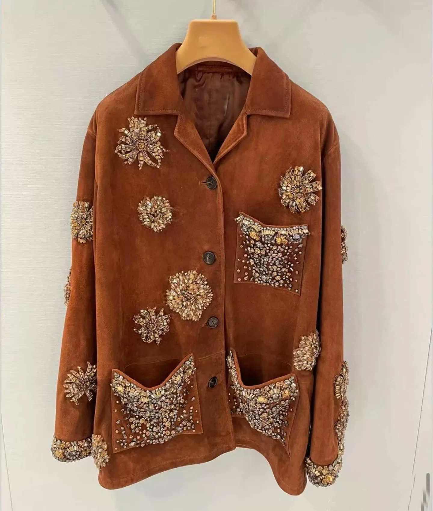 Chic Genuine Suede Sheepskin Shacket Women Cognac Brown Luxury Rhinestone Beading Pocket Detail Loose Real Leather Coat