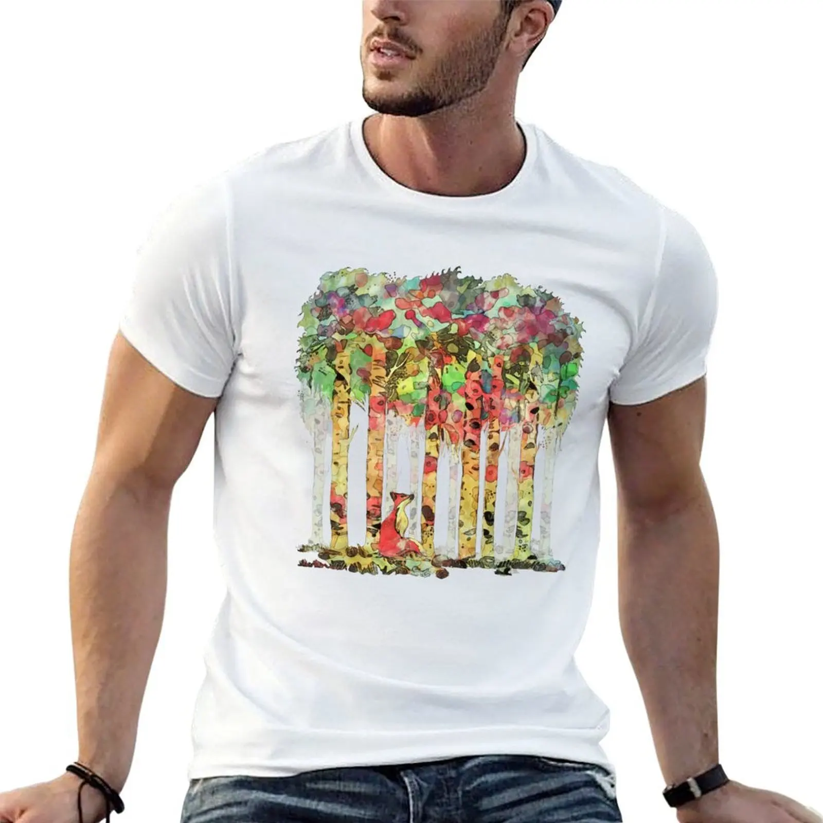 

Fox in forest, fox and birchs pink colorfull, autumn is coming, watercolor style T-Shirt t shirt man designer T-Shirt