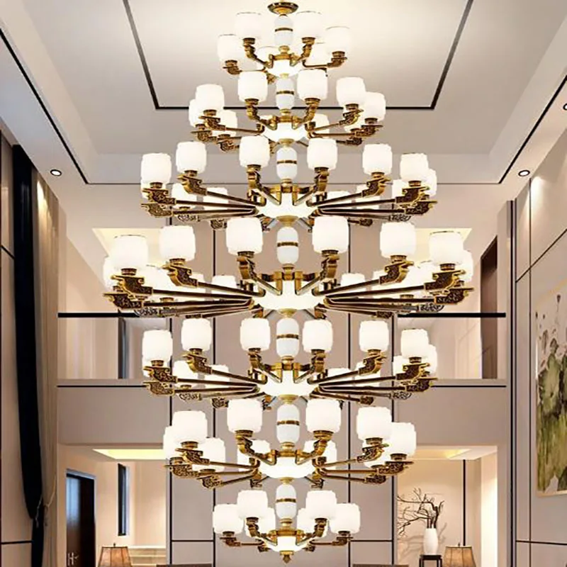 

Новый китайский стиль, большая люстра, современная, гостиная, нефрит, столовая, лестница.