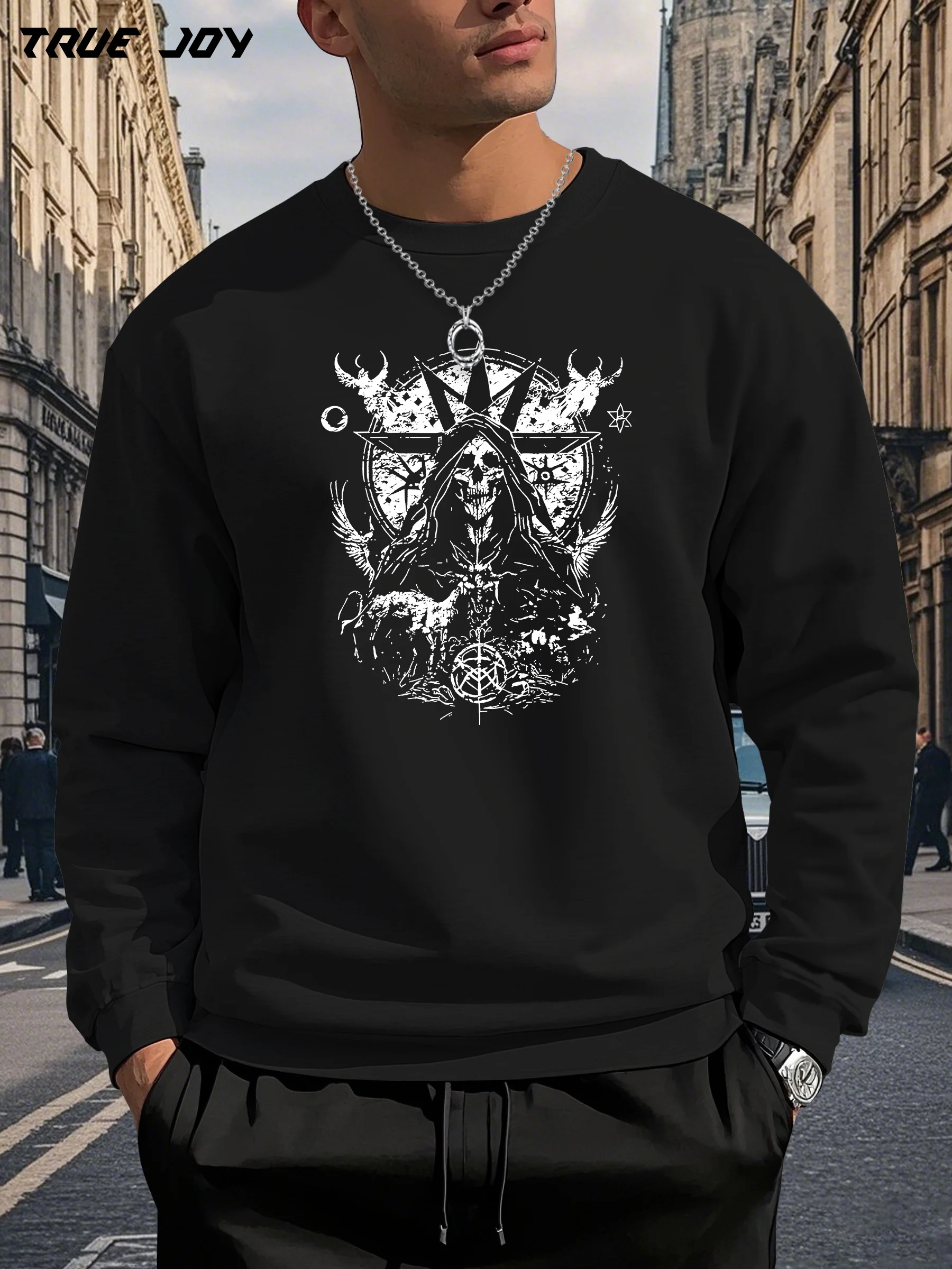 سترة TRUE JOY للرجال باللون الرمادي الفاتح - بلوفر فضفاض بأكمام طويلة ورقبة دائرية، سترة كاجوال ناعمة للاستخدام اليومي لخريف/شتاء #4