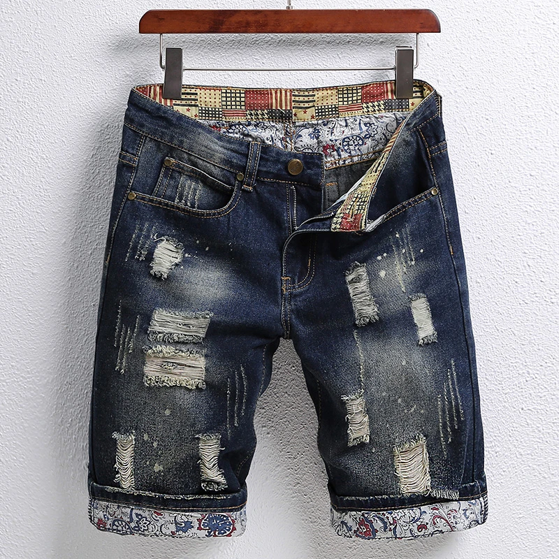 

Summer High Street Ripped Short Jeans Men's Fashion Vintage Denim Shorts Slim Straight Hole Hip-hop Knee-length Pants