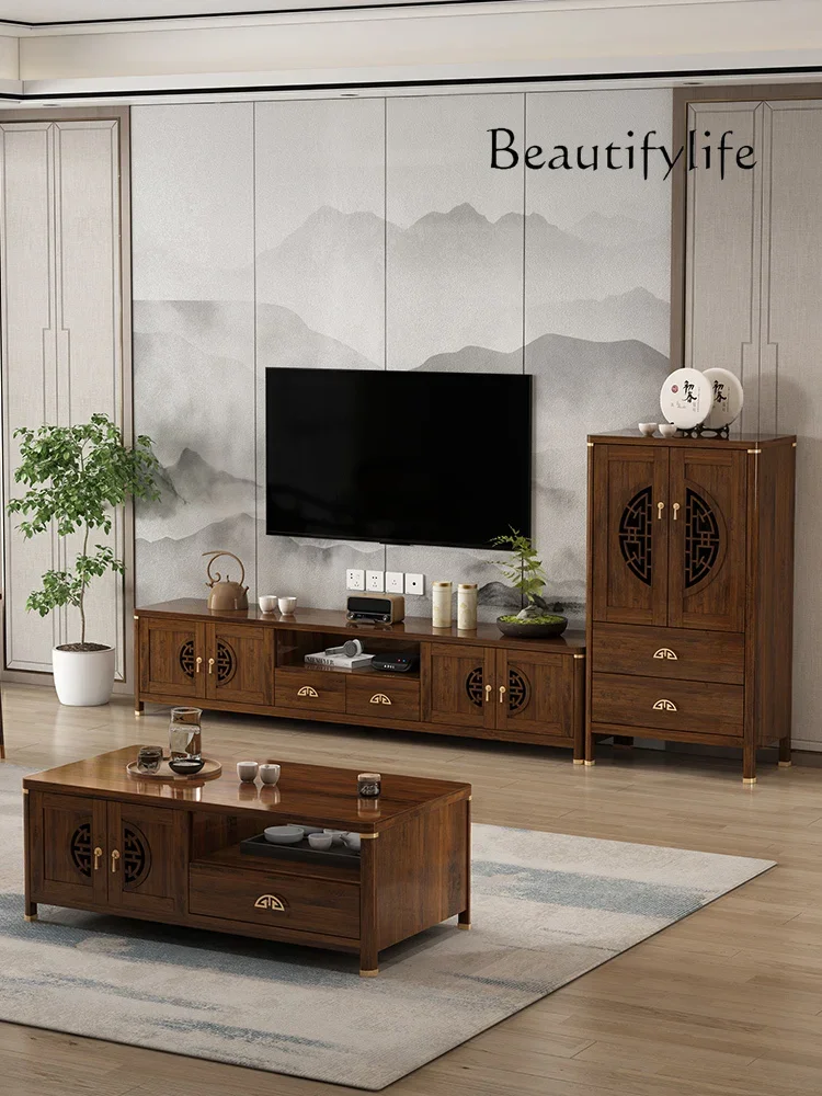 New Chinese Style TV Stand Modern Simple Storage Locker Integrated Solid Wood Frame Living Room Coffee Table