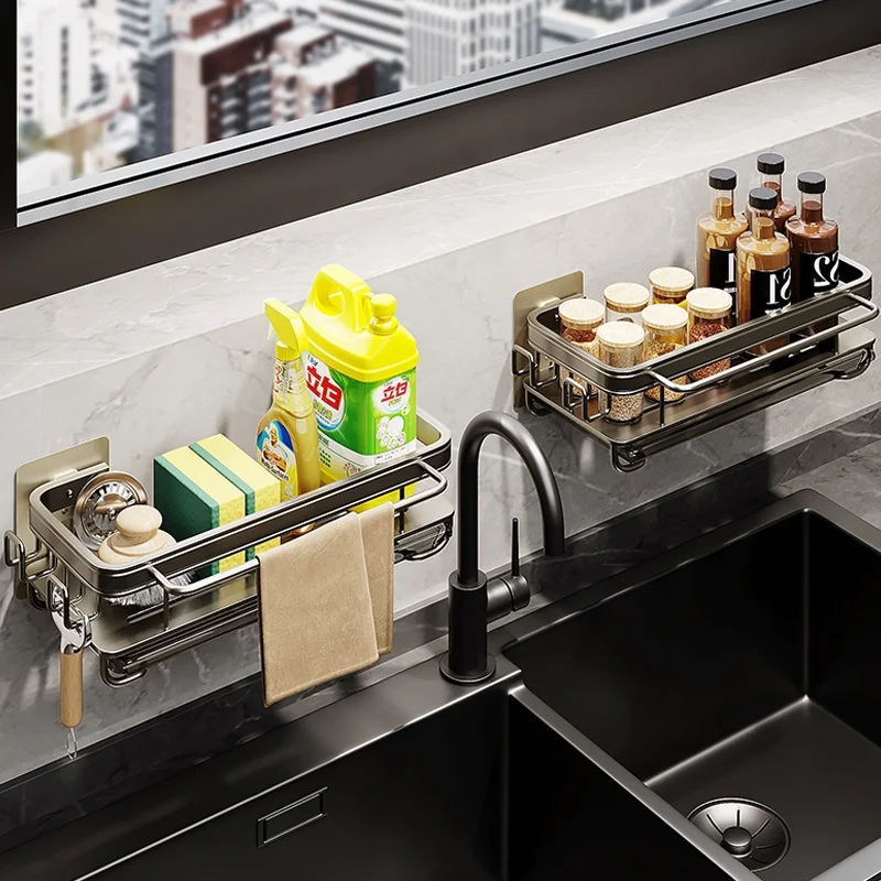 Kitchen Storage Rack, Multifunctional Cloth Drain Rack, No Punching Household Seasoning Rack, Dishwashing Sink Storage Artifact