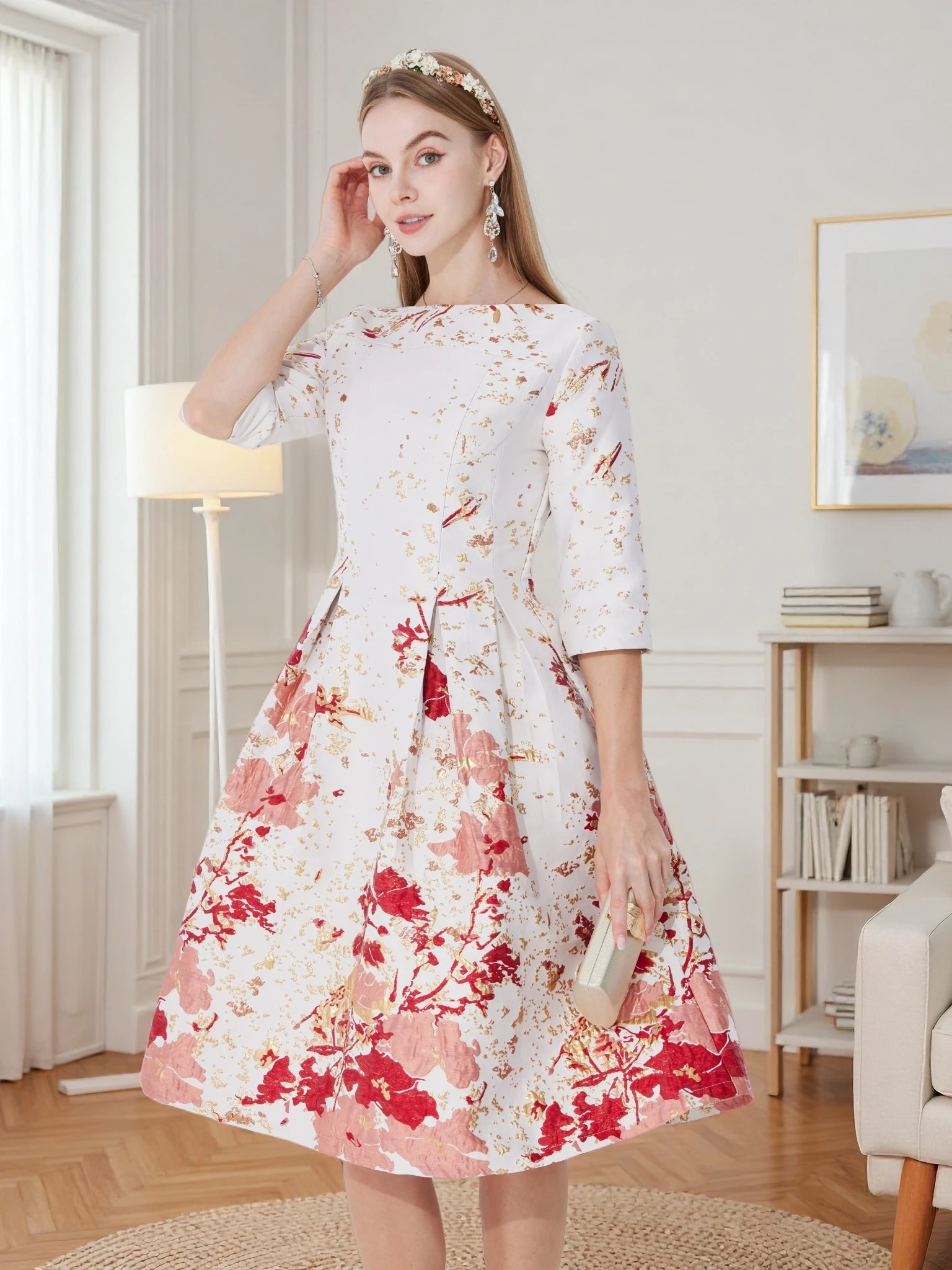 DEVCHATA Women's Floral Party Dress Luxury Mid-Long Jacquard O-neck Ladies Fashion Spring Formal Dress Elegant Vestidos