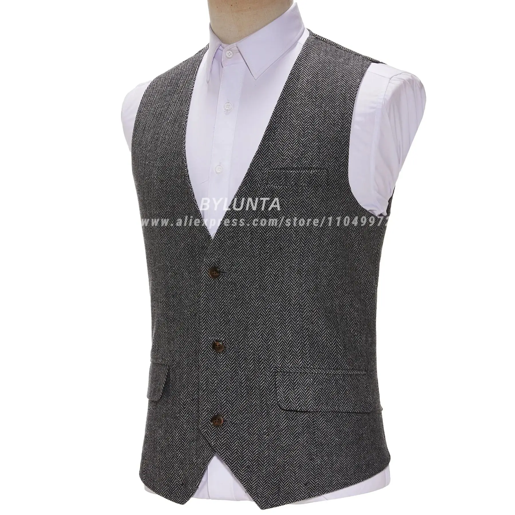 

Men's Suit Vest Dark Gray Tailored Collar Wedding Wool Tweed Business Waistcoat Jacket Casual Slim Fit Gilet Steampunk Vest