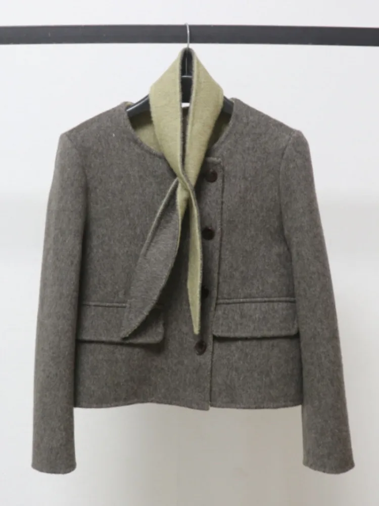 ZMEENNA 여성용 우아한 짧은 울 혼합 코트 재킷 칼라리스 디자인, 대비 색상 스카프 미니멀리스트 캐주얼 ZM4547