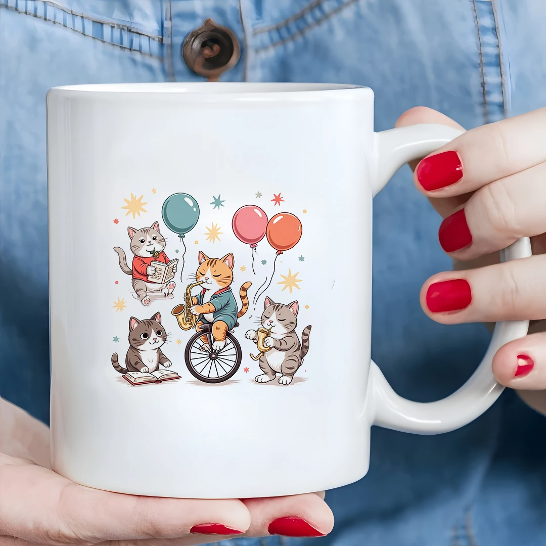 Taza con ilustración de gato de 11 oz + divertido rincón de libro de gato + monociclo musical + taza de cuerno artístico - Regalo de Navidad para la oficina familiar