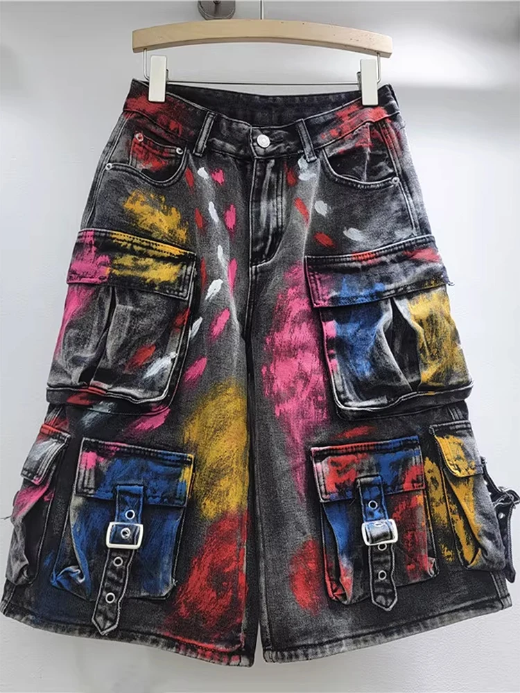 

2025 New Summer Fashion Women's Jeans Multiple Pockets Colorful Graffiti Painted Calf-Length Cargo Design Denim Pants