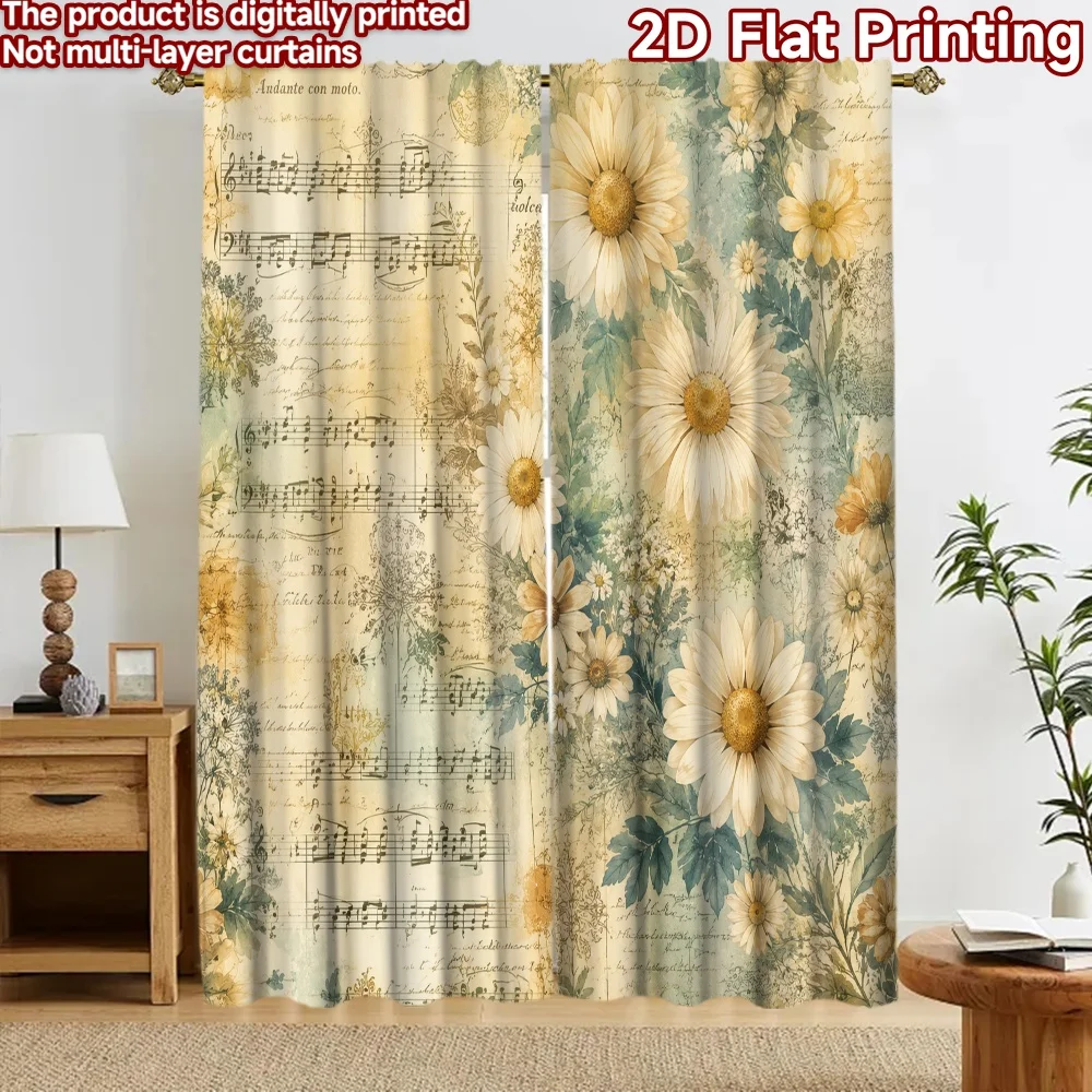 2D flat 2pcs Curtain Home Short Curtains Vintage Daisy Sheet Music Digitally printed polyester Festive Holiday for Holiday