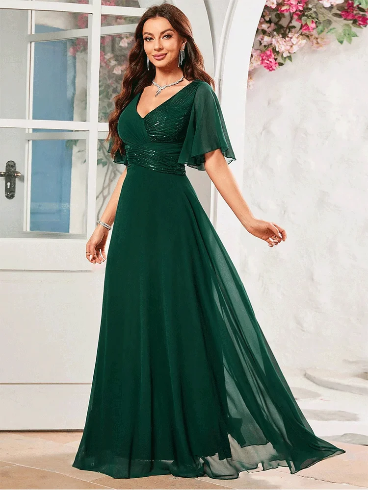 Vestido de noite com decote em v, manga curta, verde escuro, lantejoulas, chiffon, até o chão, para mulheres, brilhante, dama de honra, casamento, dança, baile