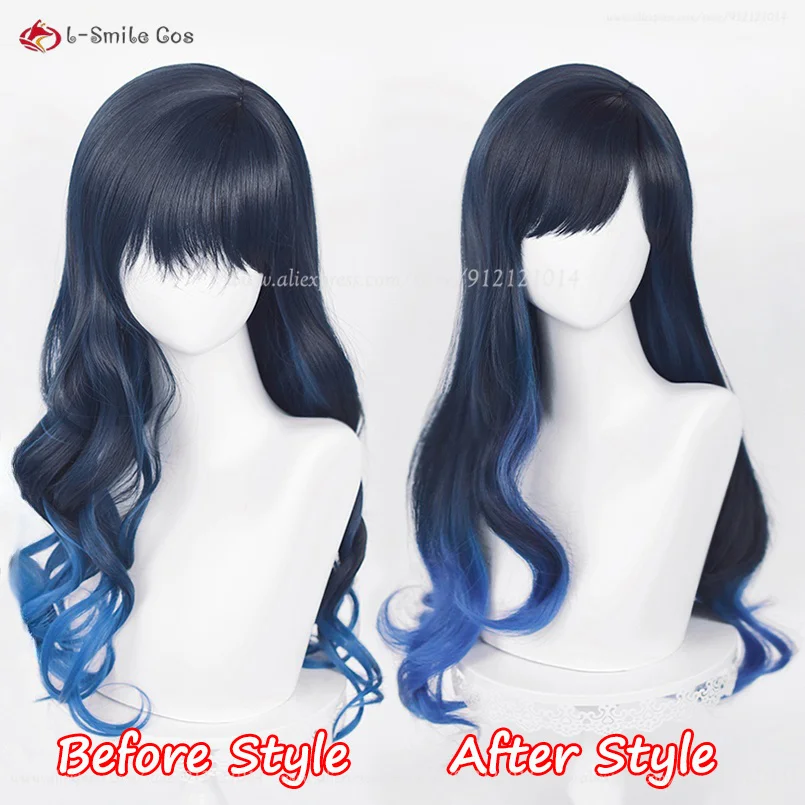 Parrucca Cosplay Shiraishi An di alta qualità lunga 70cm blu sfumato capelli ricci resistenti al calore parrucche sintetiche per capelli + cappuccio parrucca