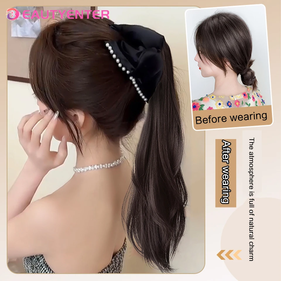 BEAUTYENTER Bow Knot Ponytail Wig Clip Type Fountain High Ponytail Female Retro Pearl Low Tie Wig Ponytail Braid