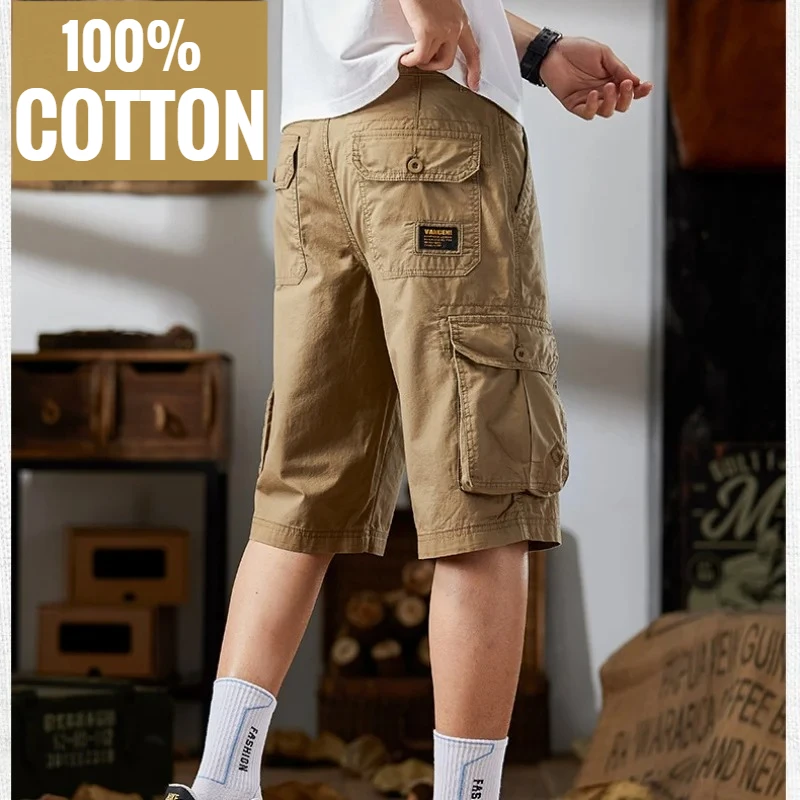 100% Cotton Men's Long Shorts 3/4 Length Cargo Bermuda Male Multi Pocket High Quality Mountains Hiking Outdoor Below Knee Khaki