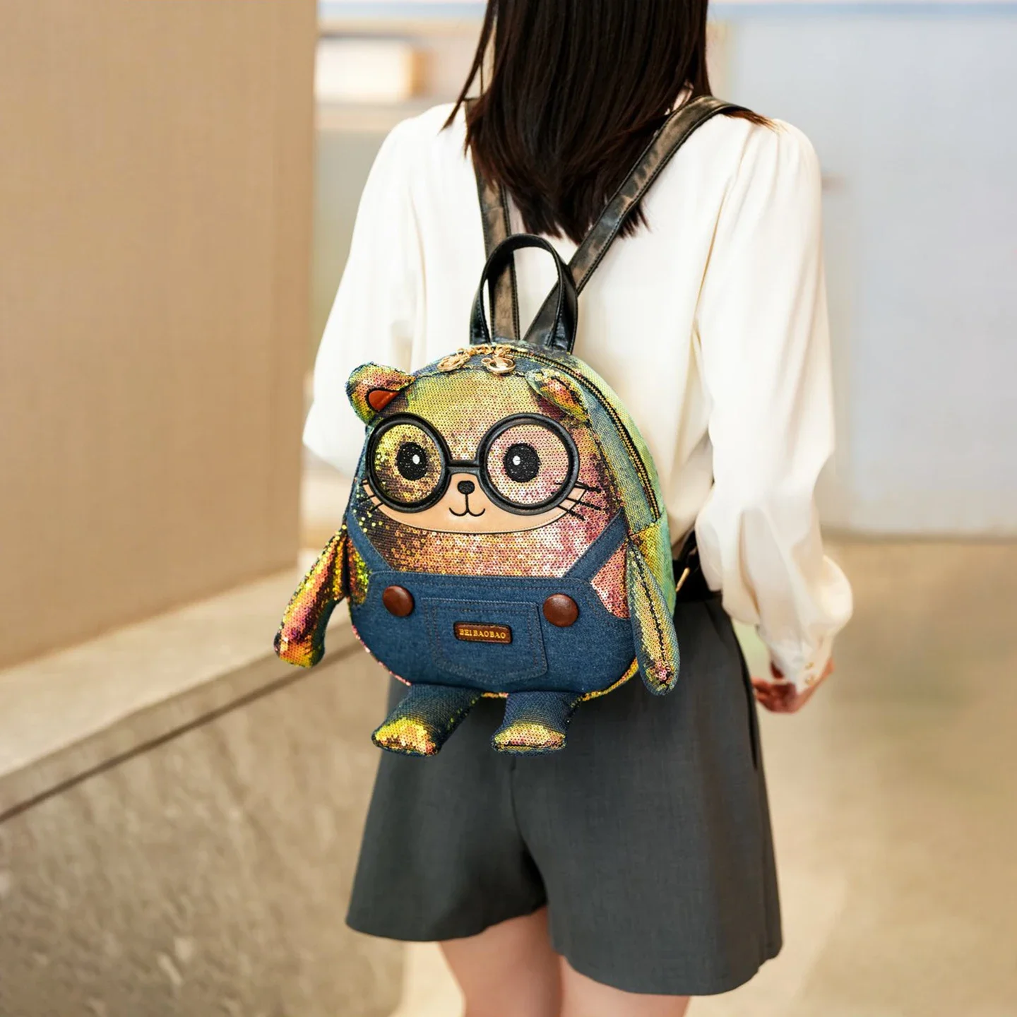 Cartoon Cat Backpack Holographic Iridescent Sequin Denim School Bag Unique Animal Shaped Unisex Shoulder Bags for Teens Adults