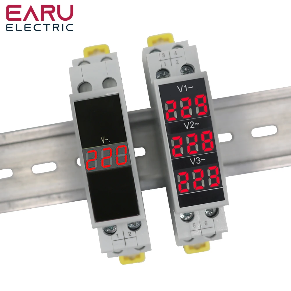 Din Rail 18mm Voltage Meter AC 80-500V 220V 380V Single Three Phase Modular Voltmeter Indicator LED Digital Display Detector