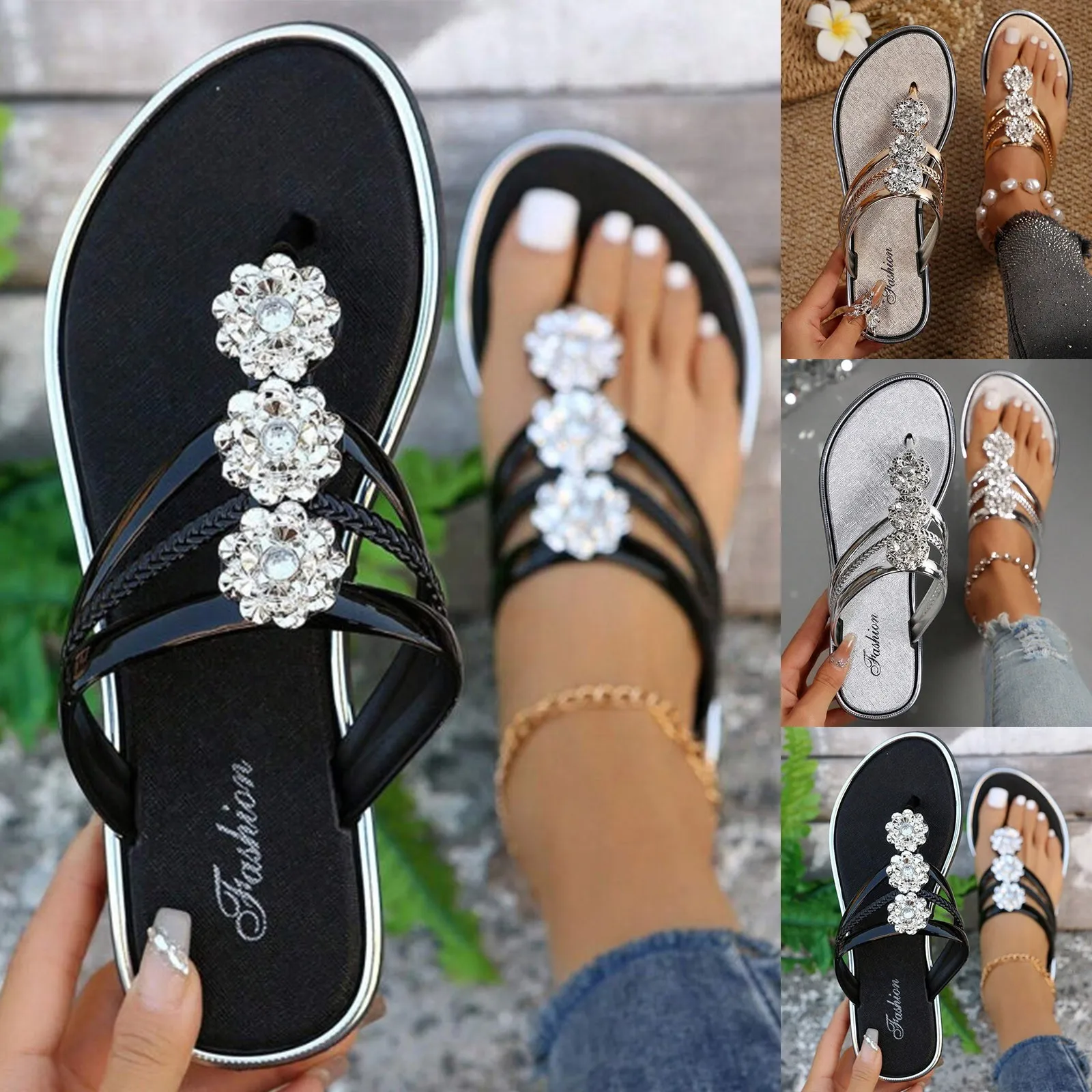 Women's Slippers 2024 Summer New Fashion Flat Shoes for Women Beach Open Toed Luxury Rhinestones Flip Flops Female Zapatos