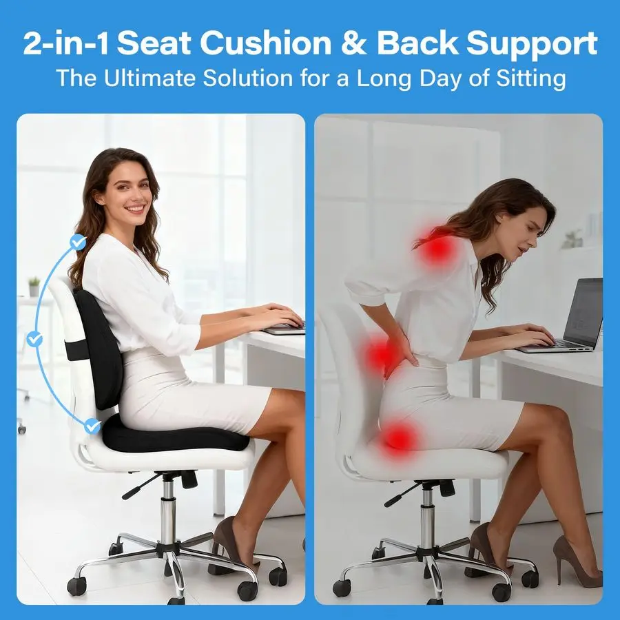 Cojín de apoyo lumbar para silla de oficina, X cojines grandes de espuma viscoelástica para silla para ciática, coxis, alivio del dolor, almohadilla cóctel