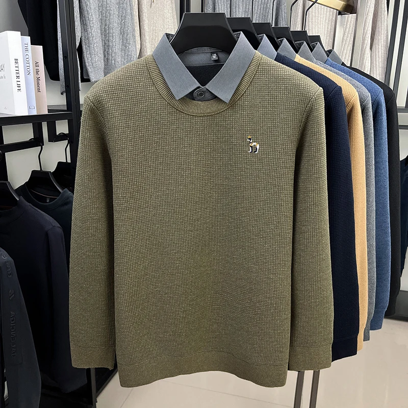 Hochwertiger Herren-Pullover, Winter, Neues Samt-Modell, Verdickt, Warm, Hemdkragen, Modemarke, Cartoon-Hund-Stickerei, Lässiger Strickpullover – Detail 12