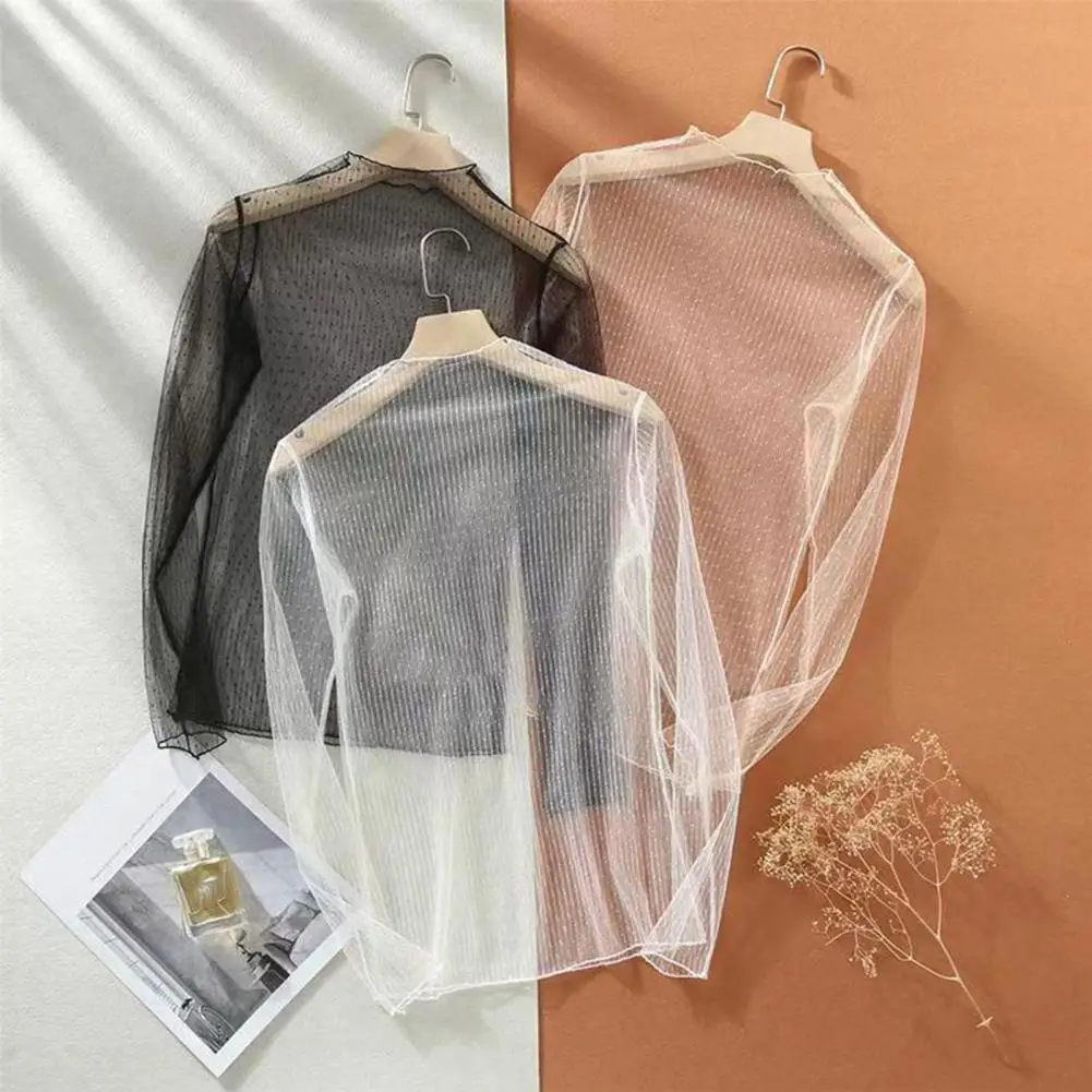 

Women Long Sleeve Mesh T-shirts Ultra-thin See-through Lace Long Sleeves Loose Soft Casual Mock Neck Visible Shirt Mesh Tops