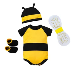 Newborn Baby Bee Costume Short Sleeve Honeybee Romper Hat Wings Socks Set Bee Halloween Outfit Cosplay Party