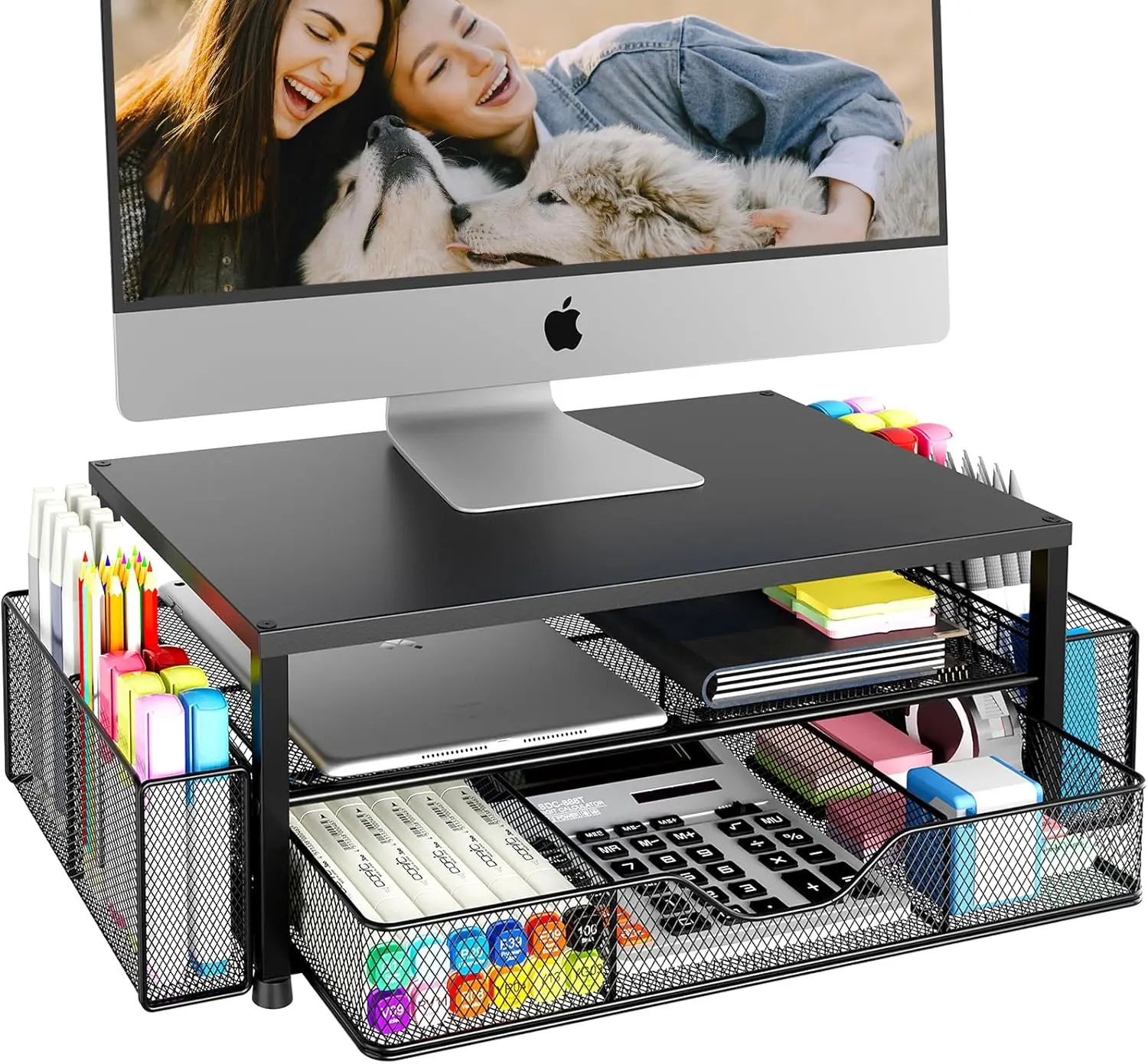 

Desk Organizer and Accessories, 2-Tier Computer Monitor Stand Riser with Drawer and 2 Pen Holders, Laptop Stand, Office Desk