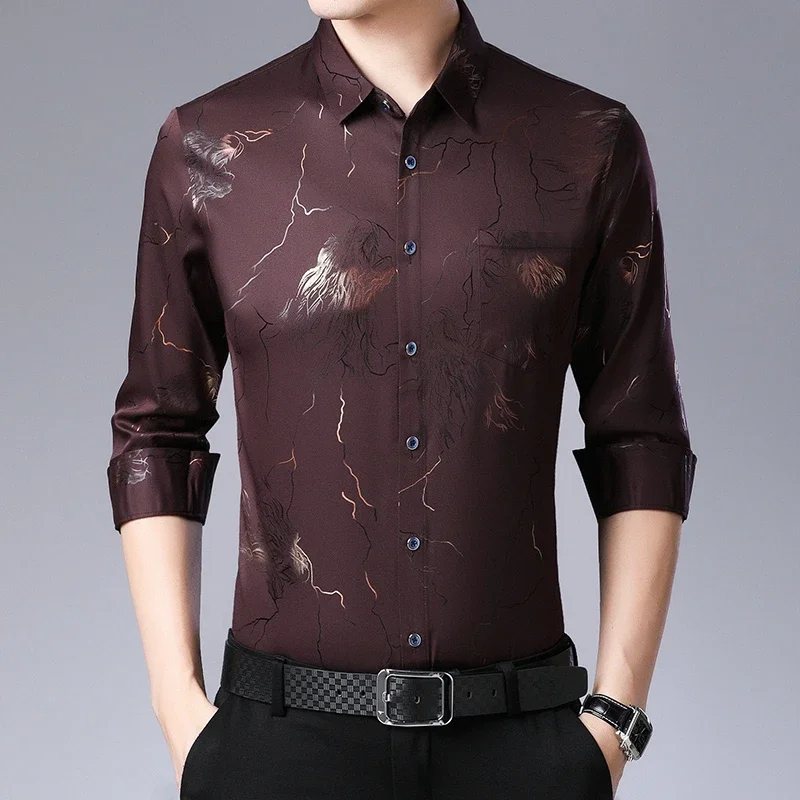 

New Men's Casual Printed Long Sleeved Lapel Shirt for Spring and Autumn Fashion Comfortable Wrinkle Free Top Without Ironing