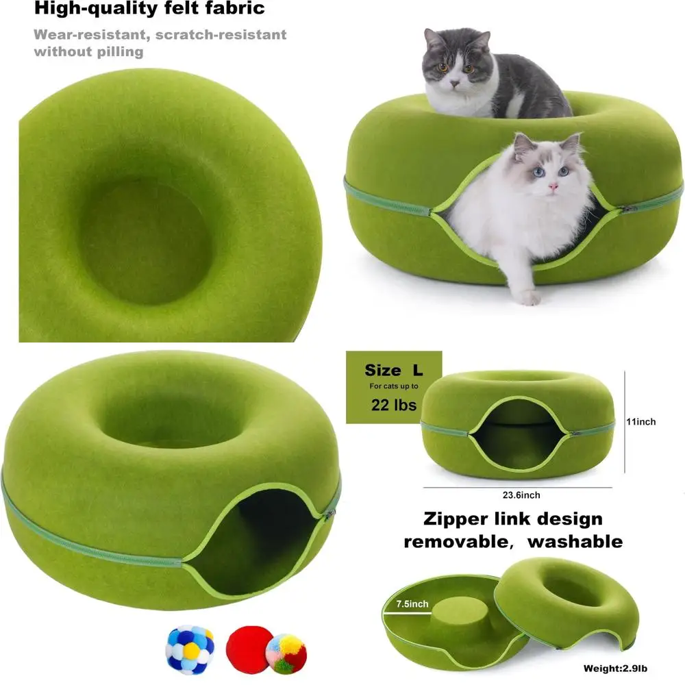 

Indoor Cat Tunnel Bed with 3 Toys, Scratch-Resistant Donut Bed for Cats up to 30 lbs, L 24x24x11, Green