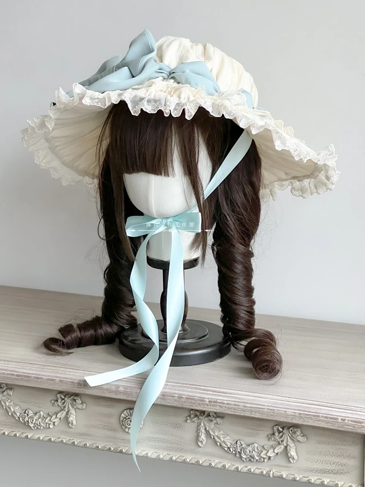 Original hand-made Lolita umbrella hat antique doll wall to generate colored pink bow lace hat