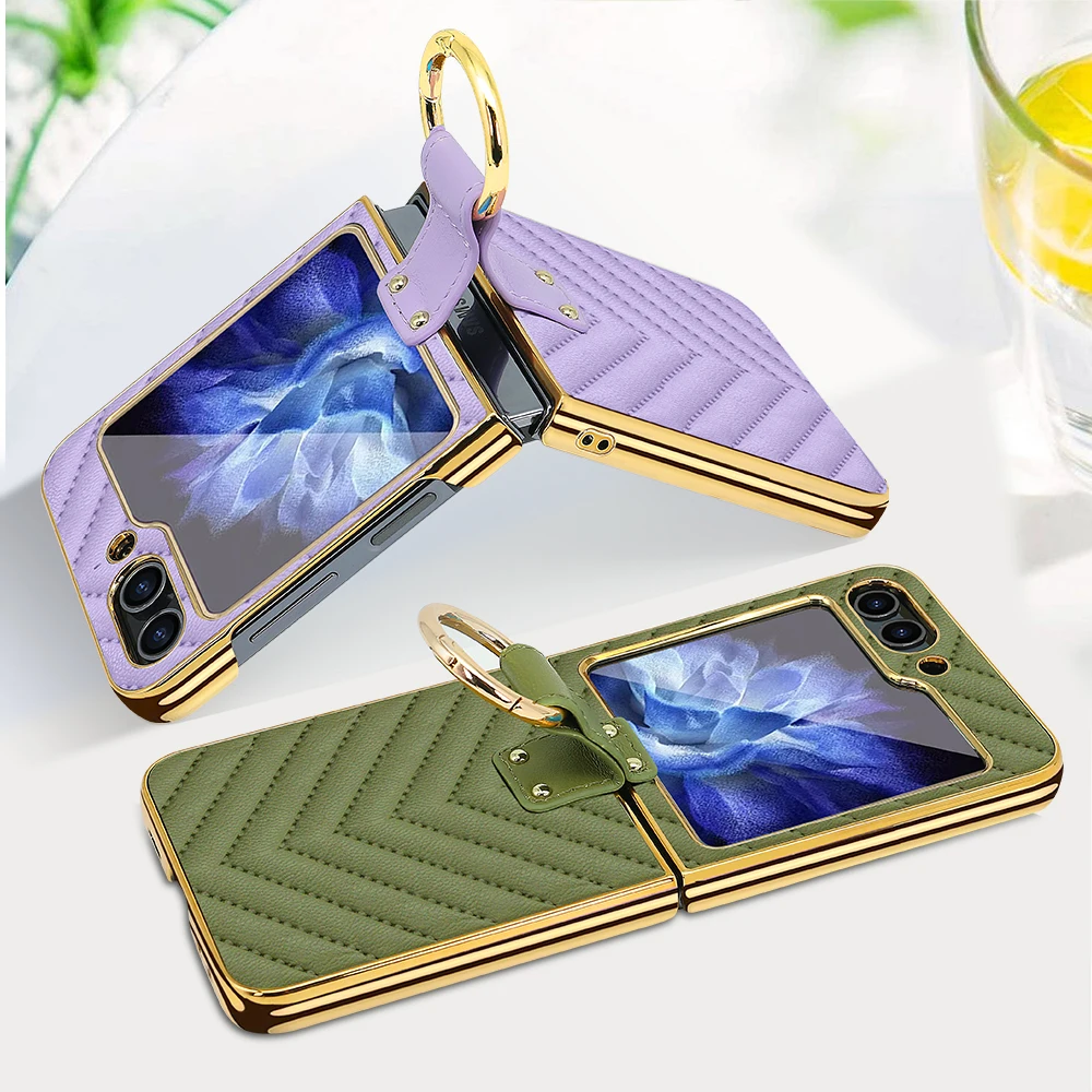 For Samsung Galaxy Z Flip 6 5 4 3 Case Elegant Plating Leather Ring Bracket With Mirror Film Folding Protection Shockproof Cover