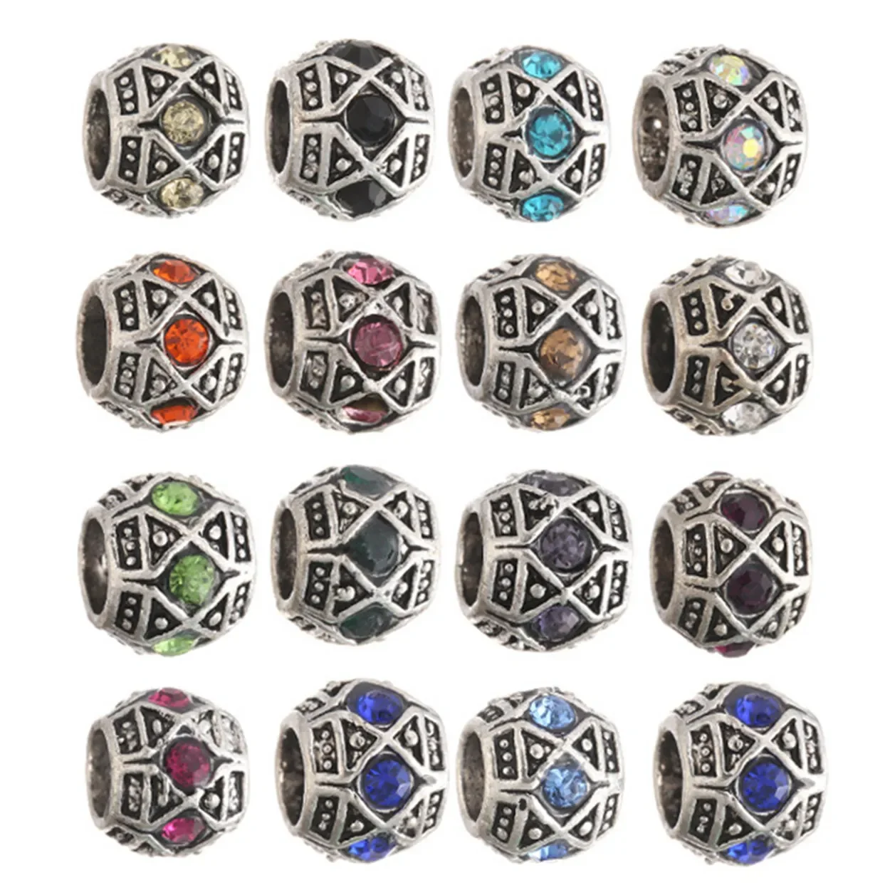 

10pcs 10mm Tibetan Silver Crystal Metal Charms Loose Big Hole Beads Jewelry Making Accessories
