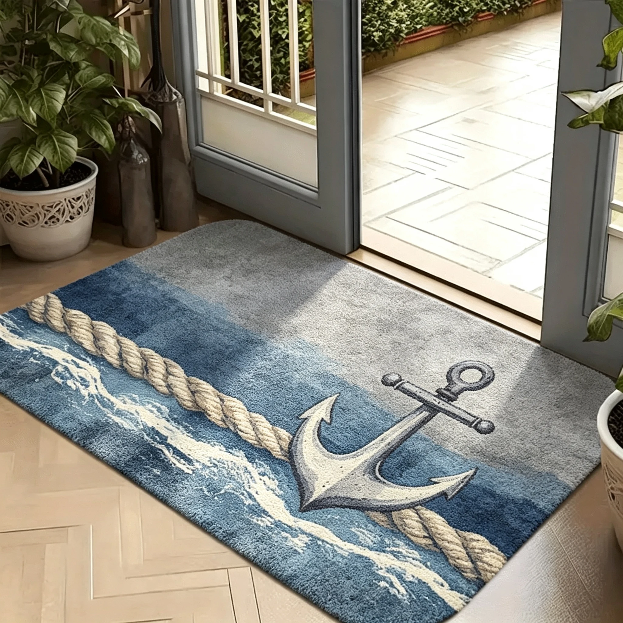 Nautical Anchor Wave Doormat for Front Entryway Floor Mat Home House Decor Sea Rope Ocean Water Print Stylish Indoor Decoration