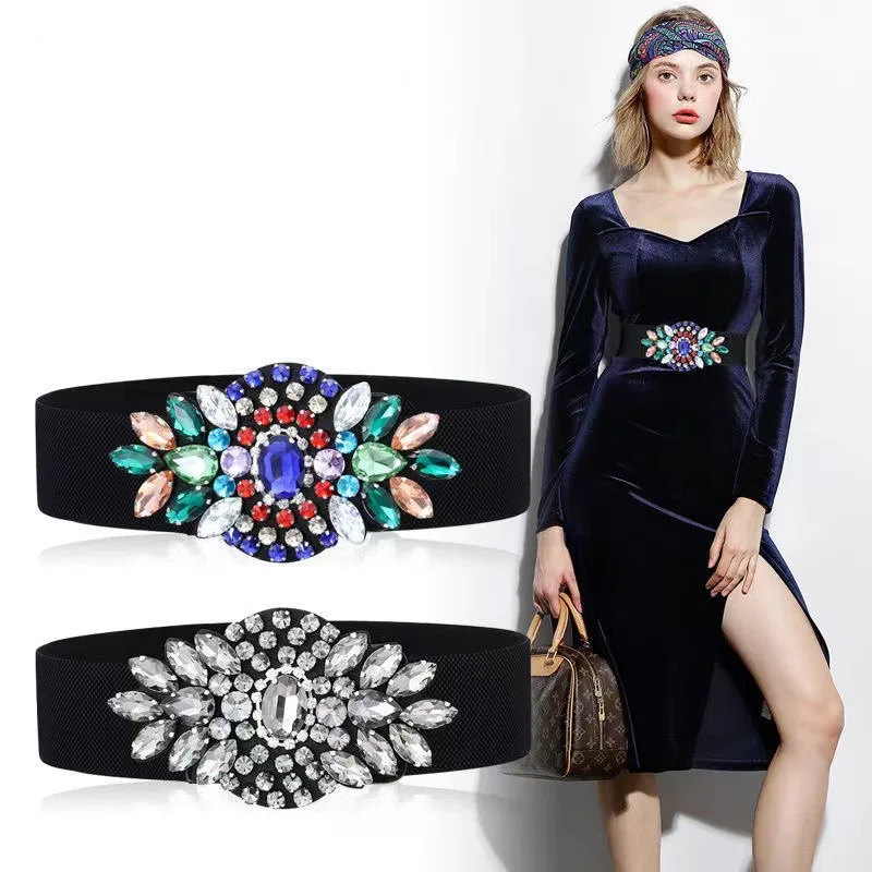 

Rhinestone Flower PU Leather Elastic Wide Women Waistband Belt Fashion Dress Coat Show Thin Cummerbund for Ladies