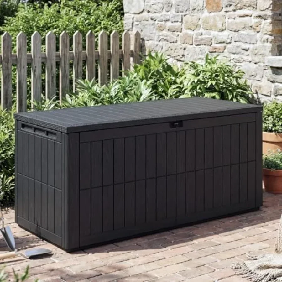 Outdoor deck box for patio cushions and garden tools storage, weather-resistant polypropylene, gray, lockable lid with ventilat