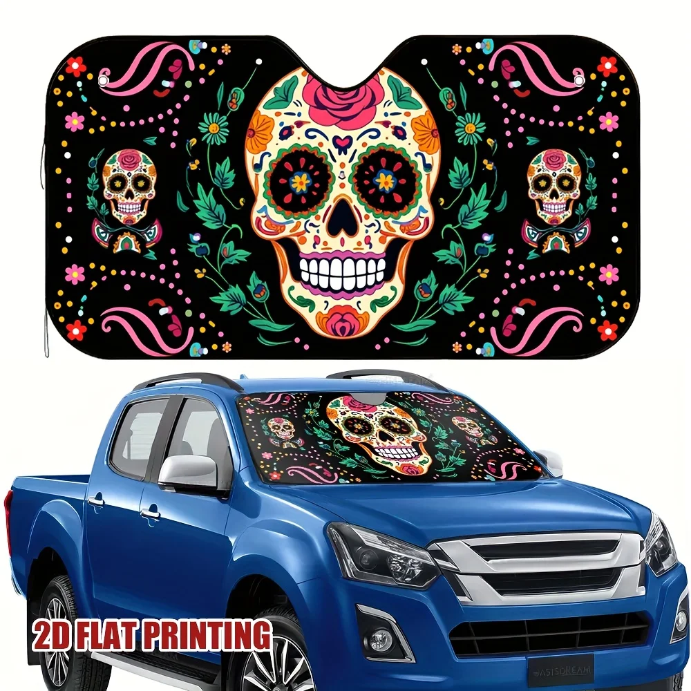 1pc 2D Flat Printed Sunscreen And Insulation Windshield Sunshade for Featuring a Sugar Skeleton Design